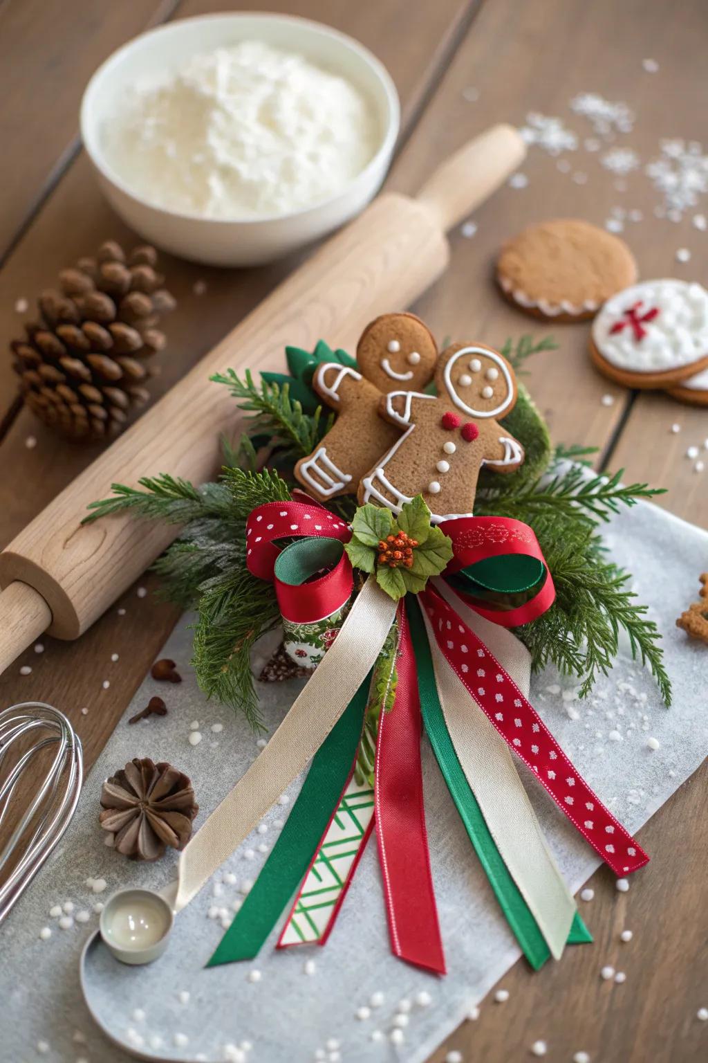 A sweet Christmas corsage with gingerbread-themed elements.