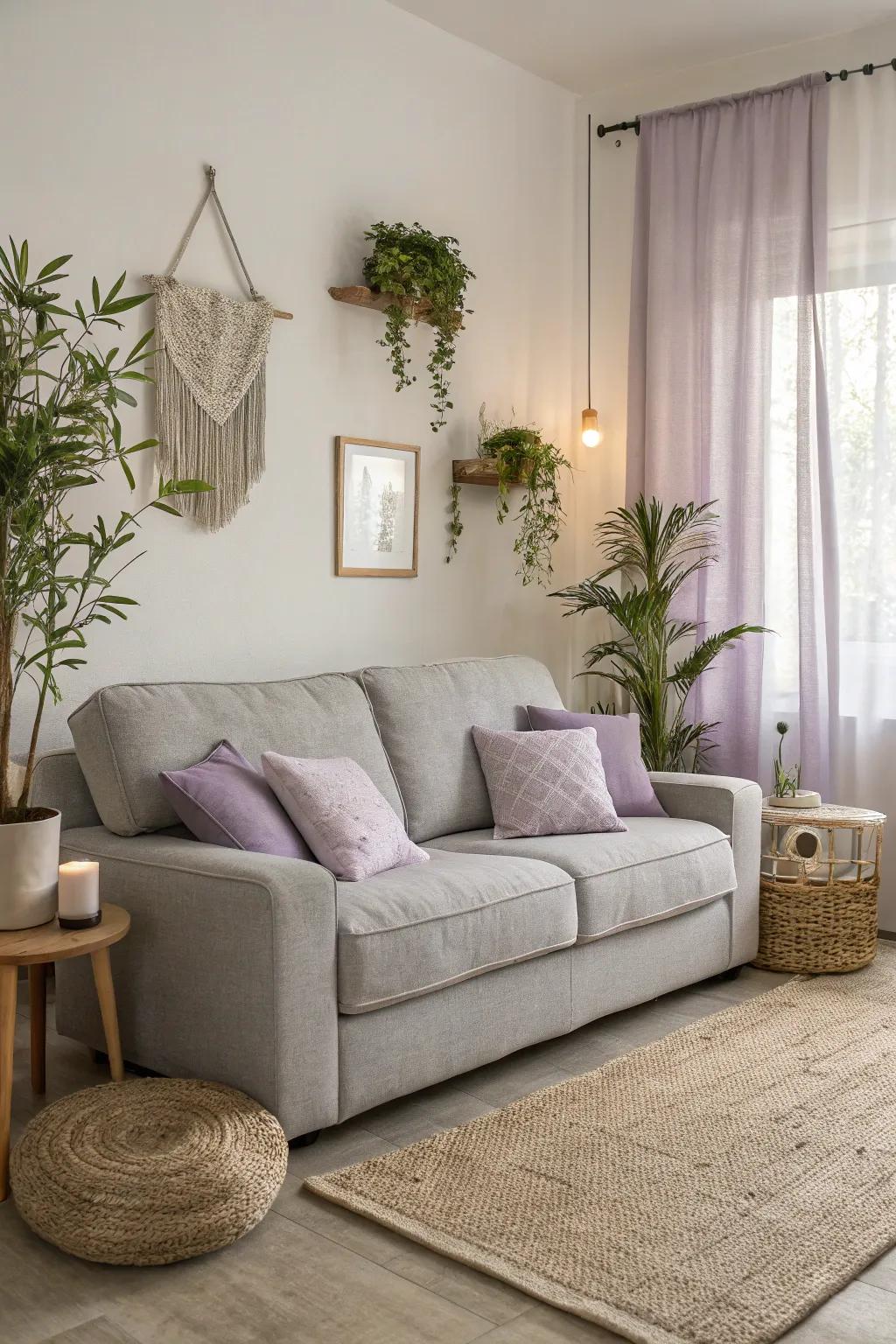 Lilac pillows fashion a tranquil oasis on a charcoal sofa.