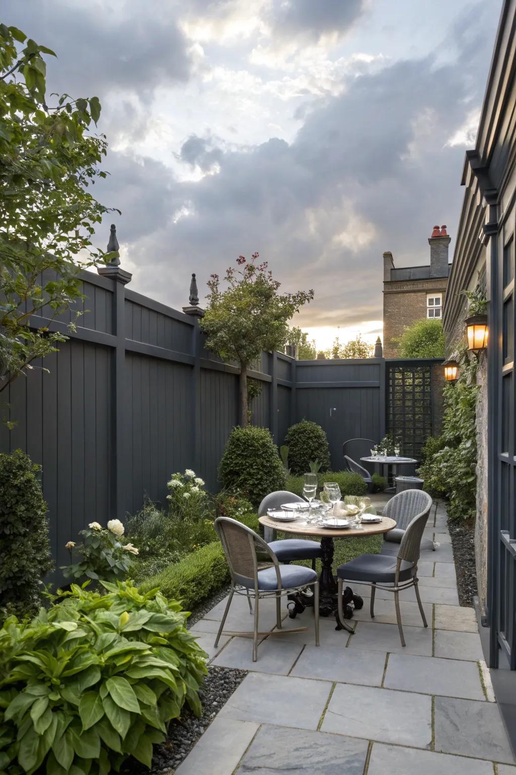 A chic courtyard with a deep charcoal barrier, perfect for intimate gatherings.