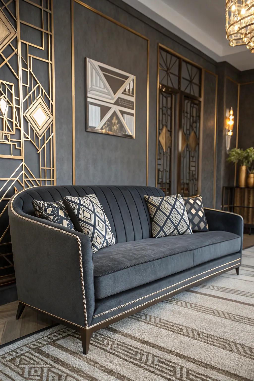 Art Deco elements offer a vintage-modern flair to a grey sofa area.