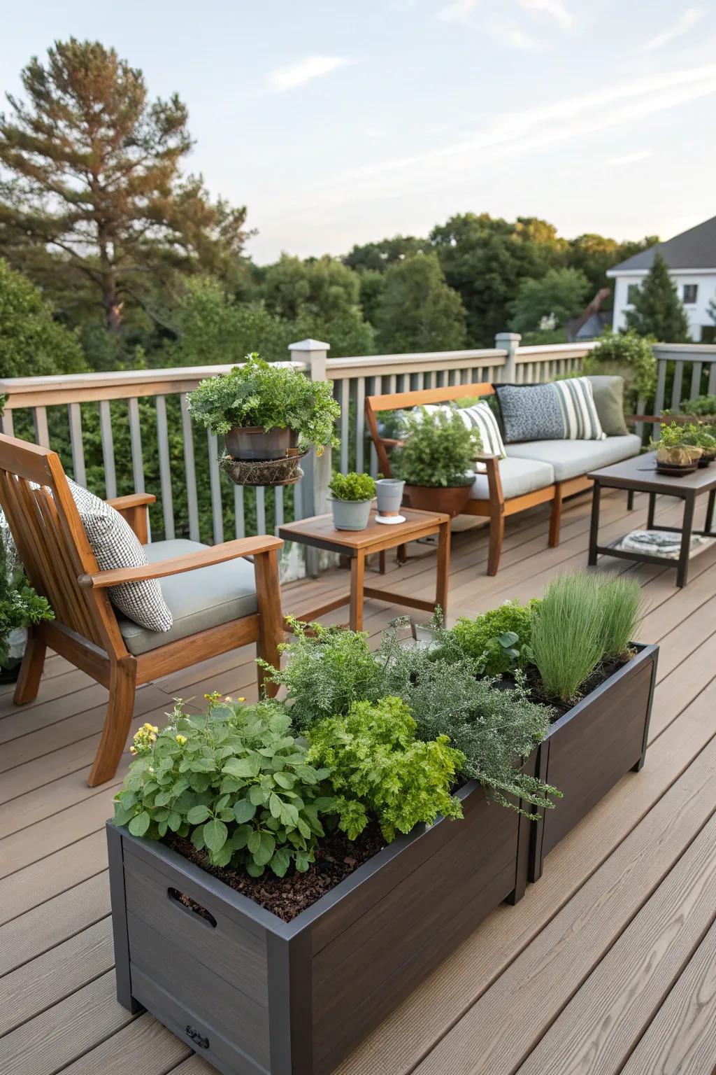 Unwind in style with seating that features herb planters.