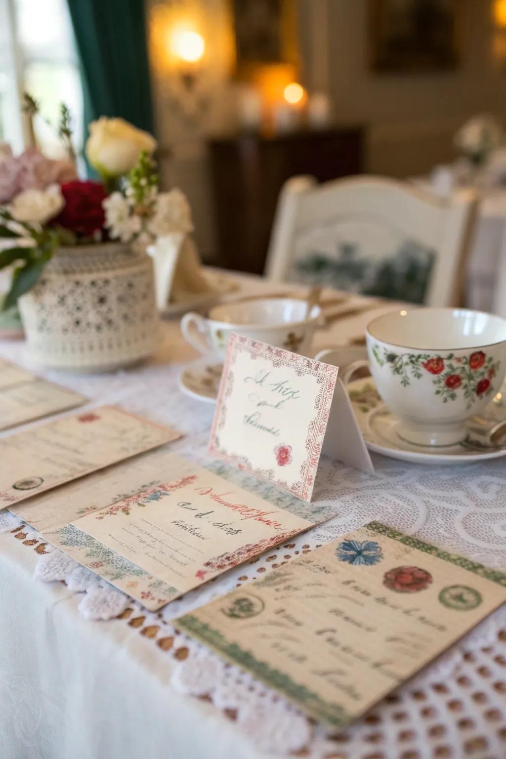 Vintage postcard place cards bring a nostalgic vibe to your dinner.