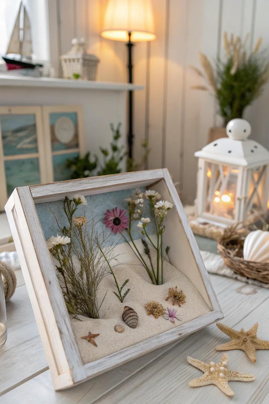 Bring the beach home with a coastal-inspired dried flower display case.