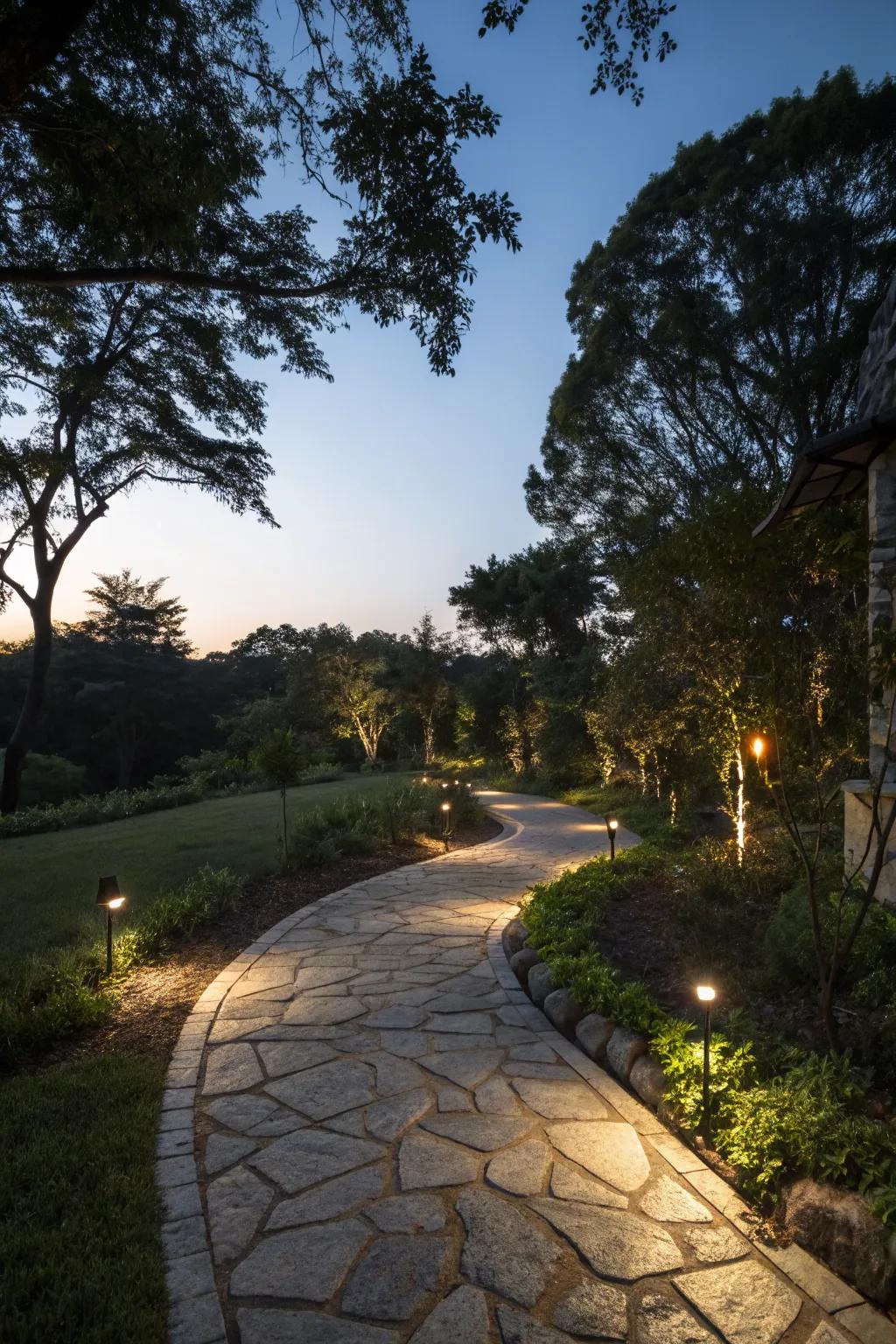 A cobblestone path exquisitely lit for captivating evening walks.