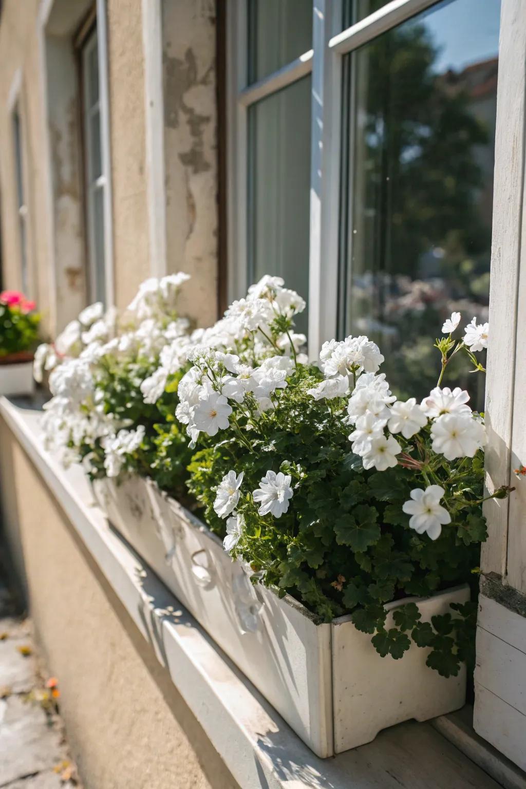 White flowers in a window box adding curb appeal.
