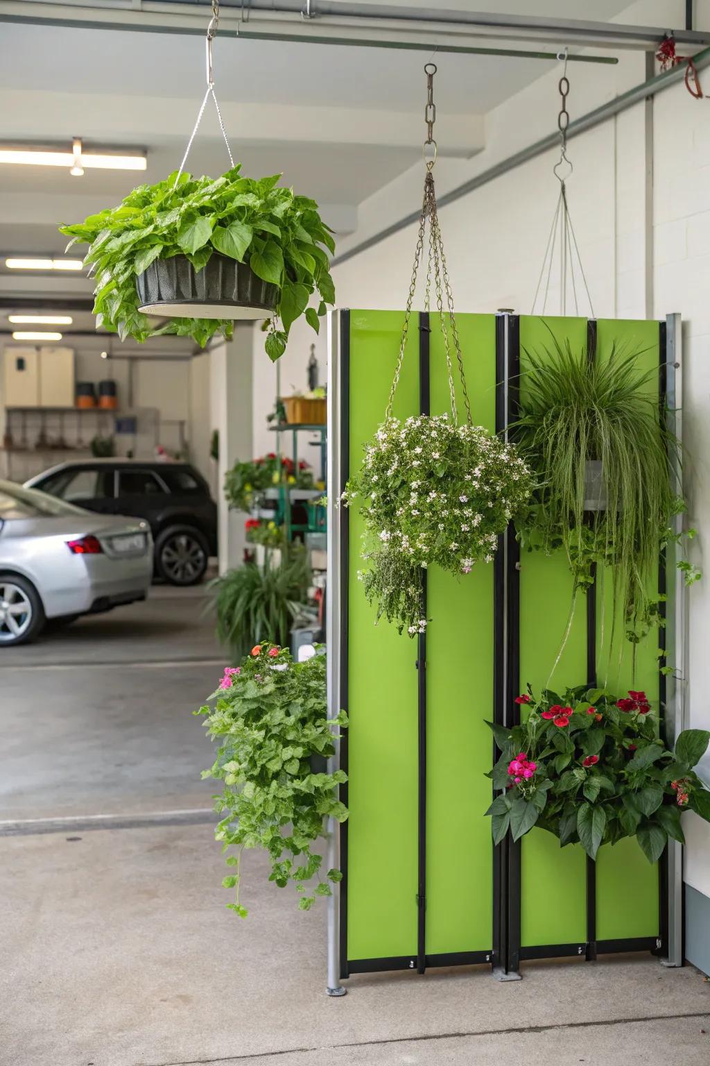Dangling planters add greenery and separate spaces naturally.