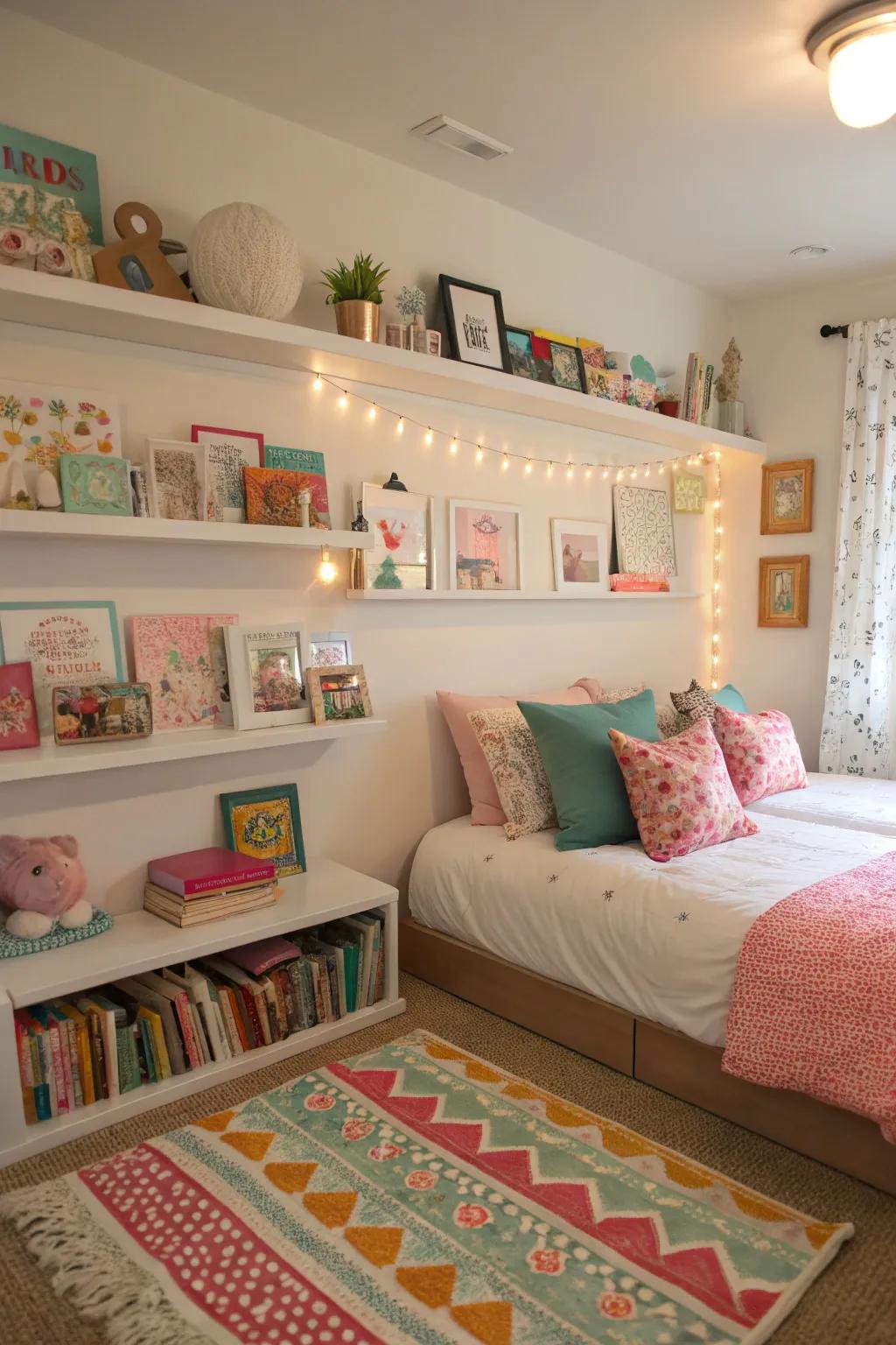 Floating shelves offer stylish and functional display options in shared spaces.