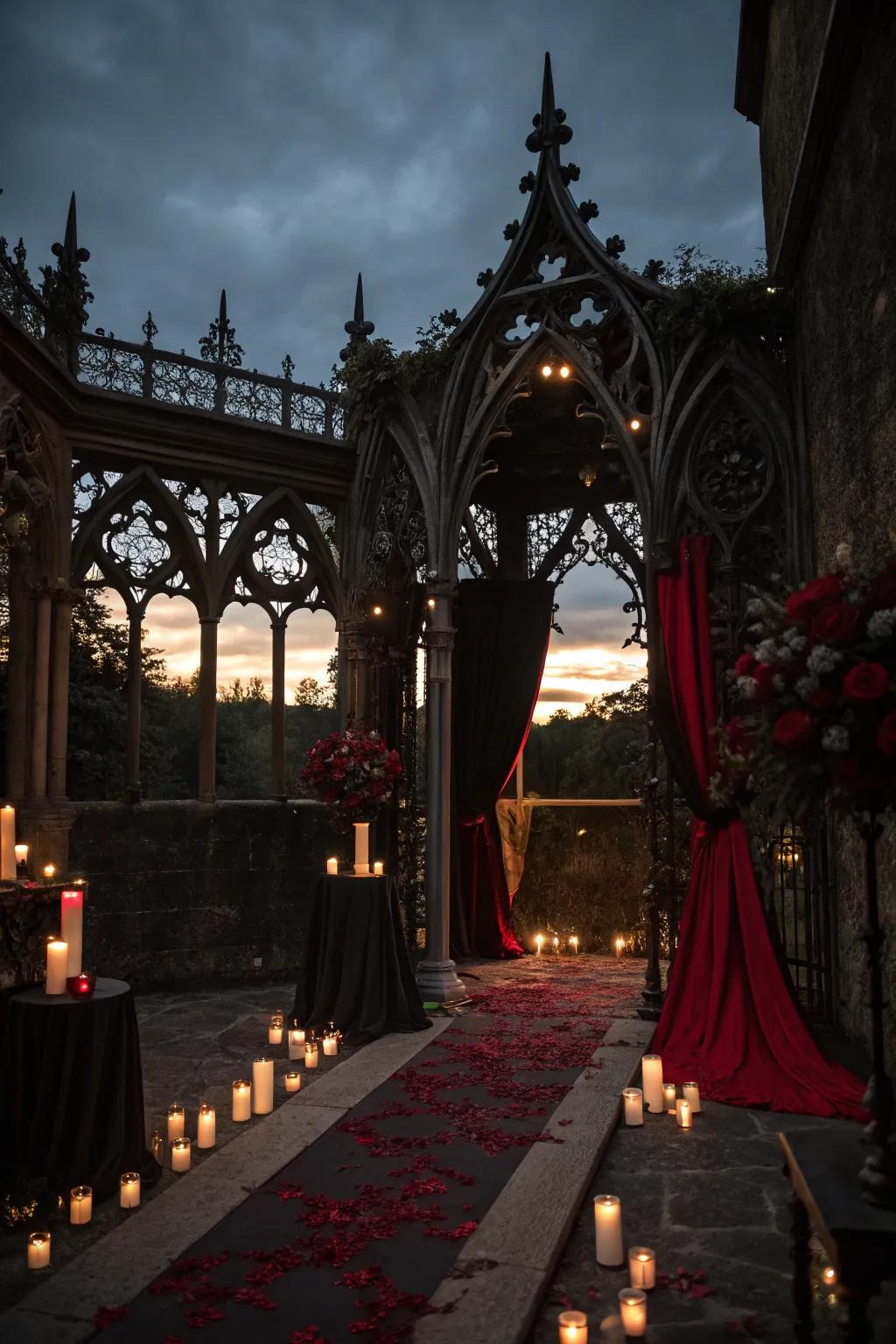 A Gothic wedding ceremony at twilight featuring dim lighting.
