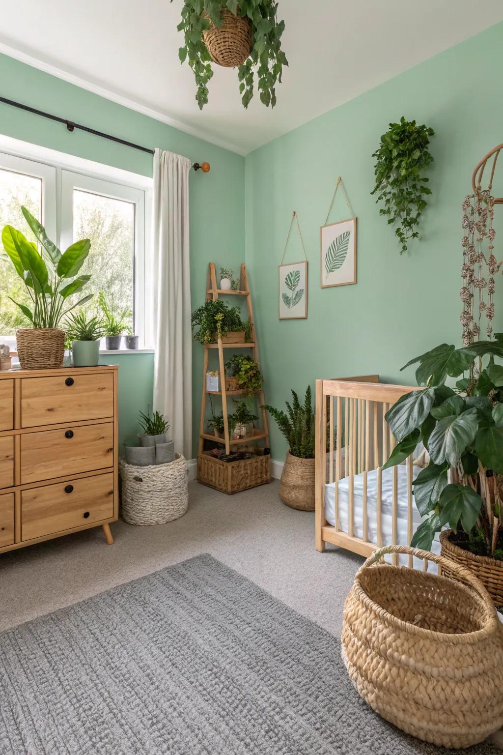 Mint-toned walls offer a refreshing contrast with gray carpets.