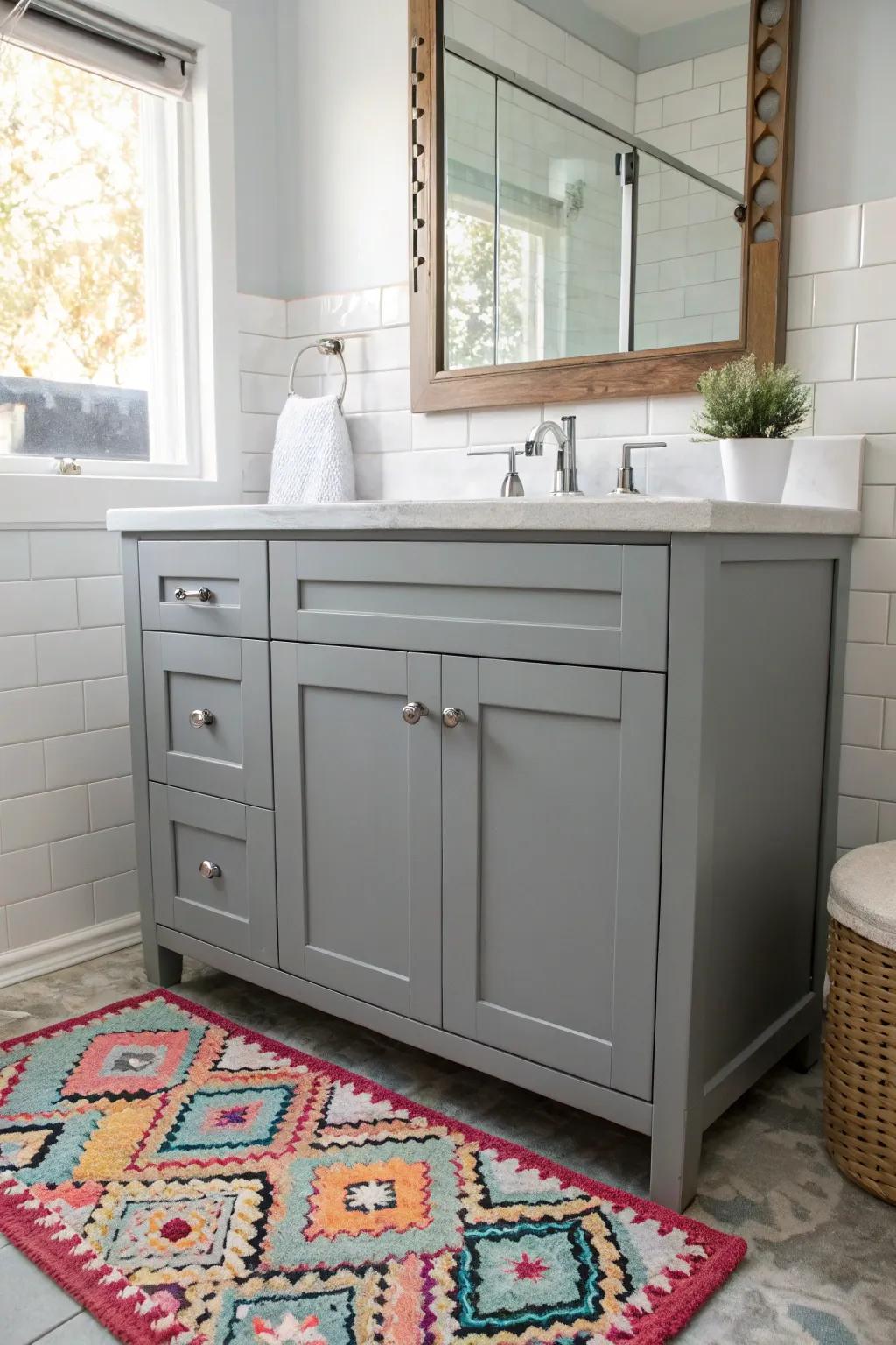 A colorful rug adds warmth and personality to the grey vanity bathroom.