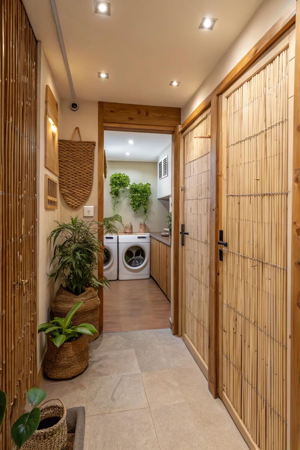 Eco-friendly bamboo doors bring warmth and sustainability to a hallway laundry space.