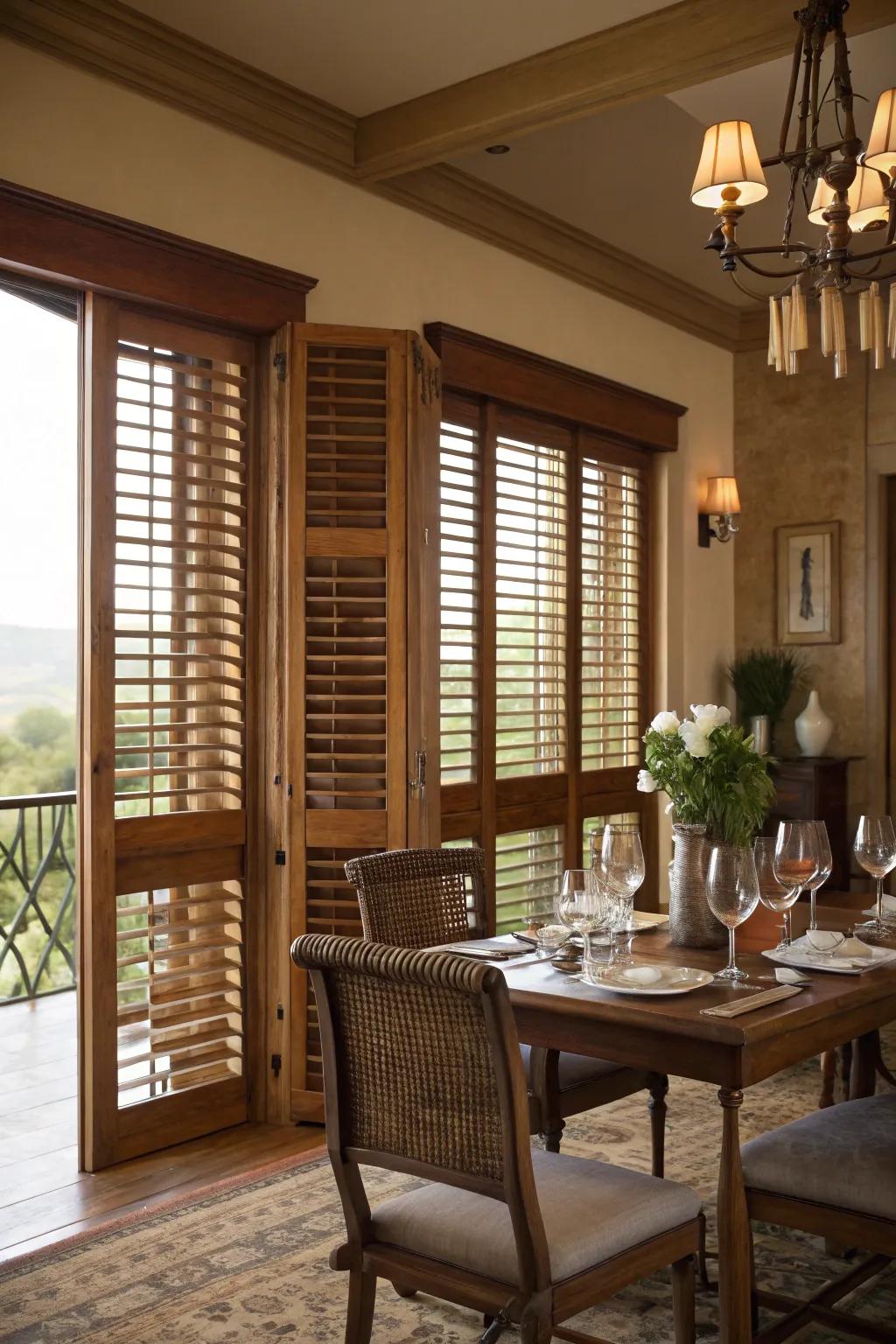 Wooden shutters provide a timeless approach to light management and privacy.