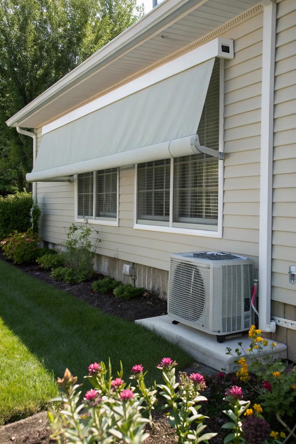 Adjustable outdoor blinds offer flexible shade and privacy.