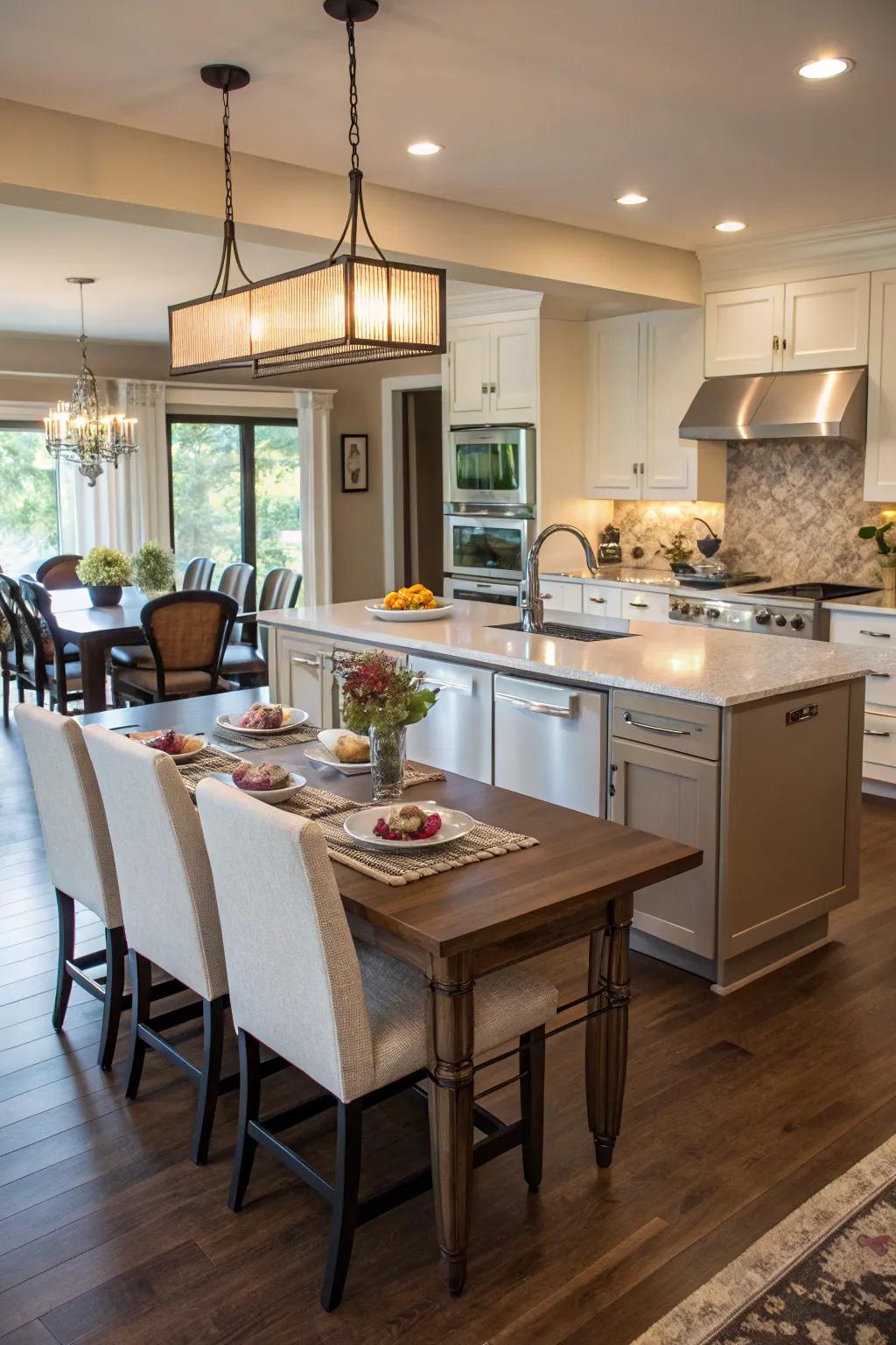 An island extended into a dining table maximizes functionality.