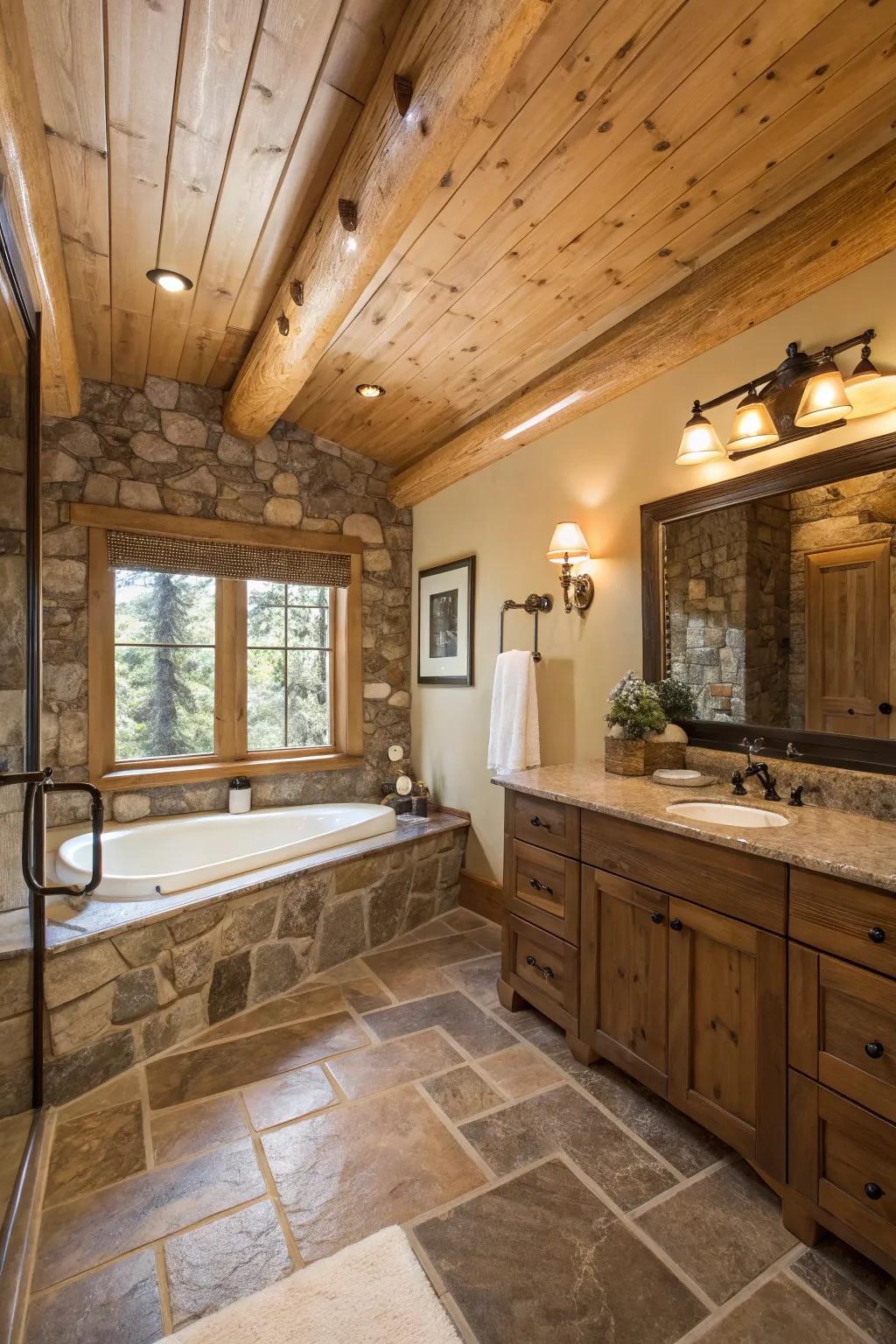 A country washroom where rough-sawn fir ceilings enhance the spa-like atmosphere.