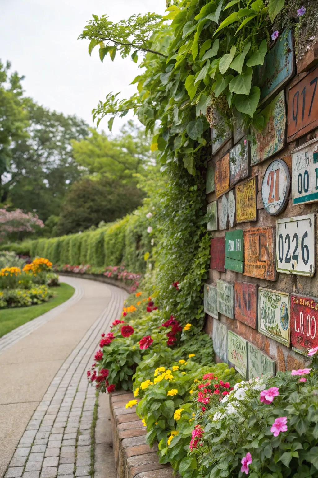 A license plate garden wall creates a colorful backdrop for plants.