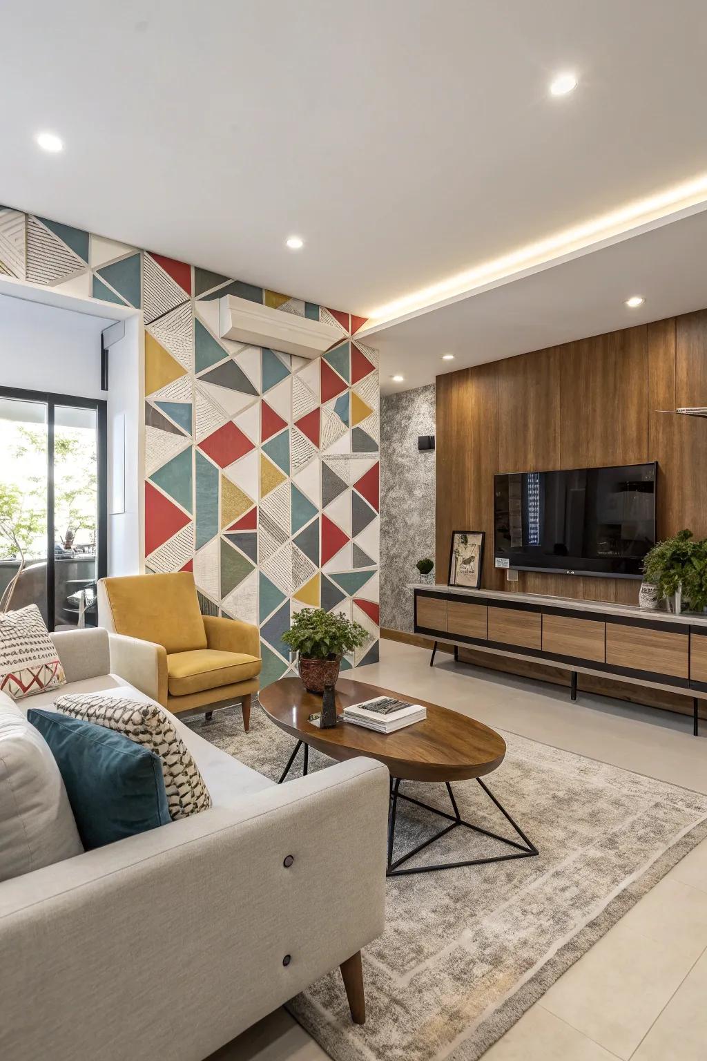 Geometric patterns add modern artistry to this living room's accent wall.