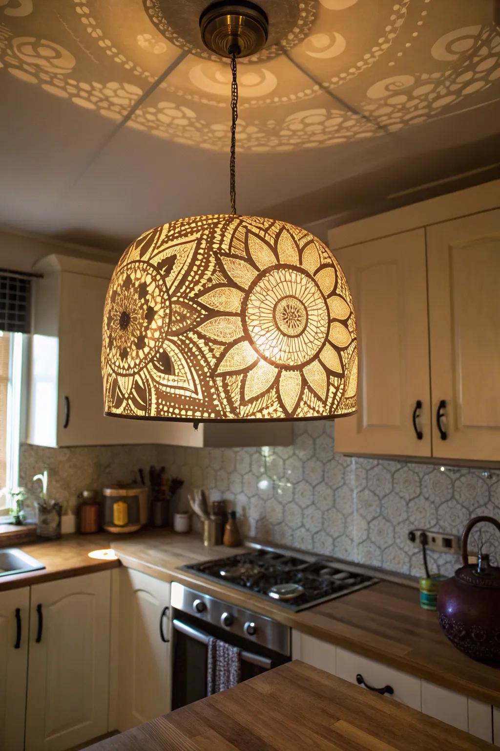 A pendant light with pattern designs casting decorative shadows in a kitchen.