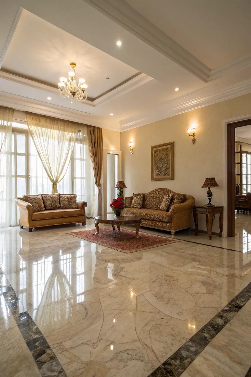 Polished marble reflects light, enhancing radiance.