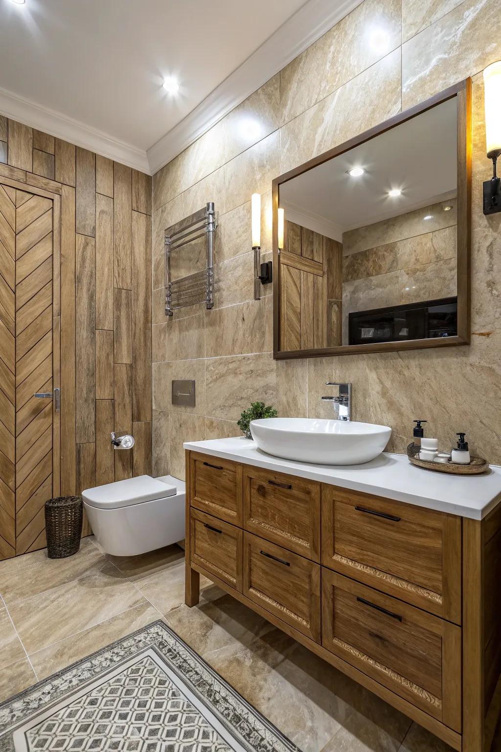 Wood-look marble porcelain tiles add rustic charm and elegance.