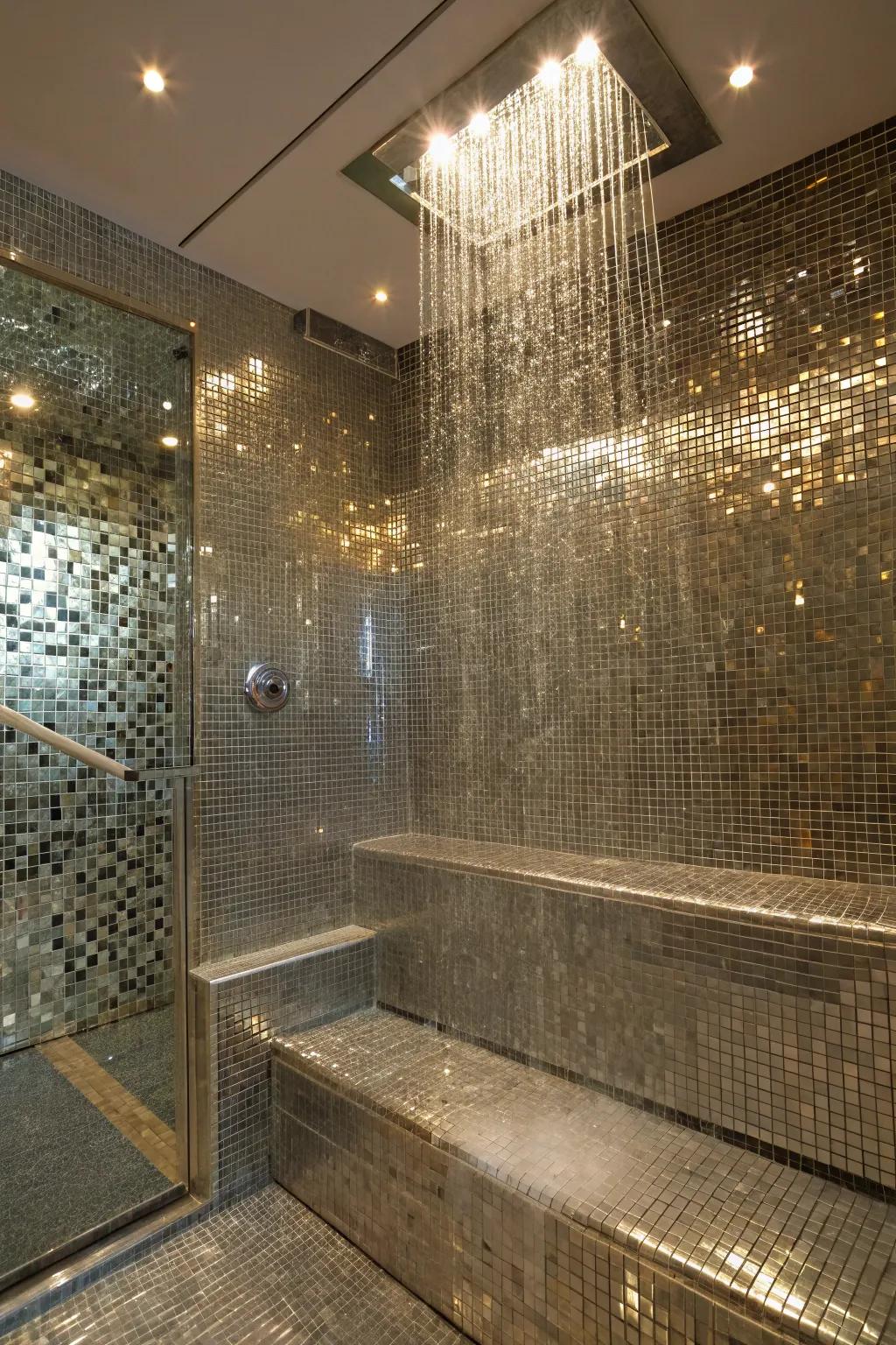 A shower featuring reflective metallic tiles for a shimmering, luxurious look.