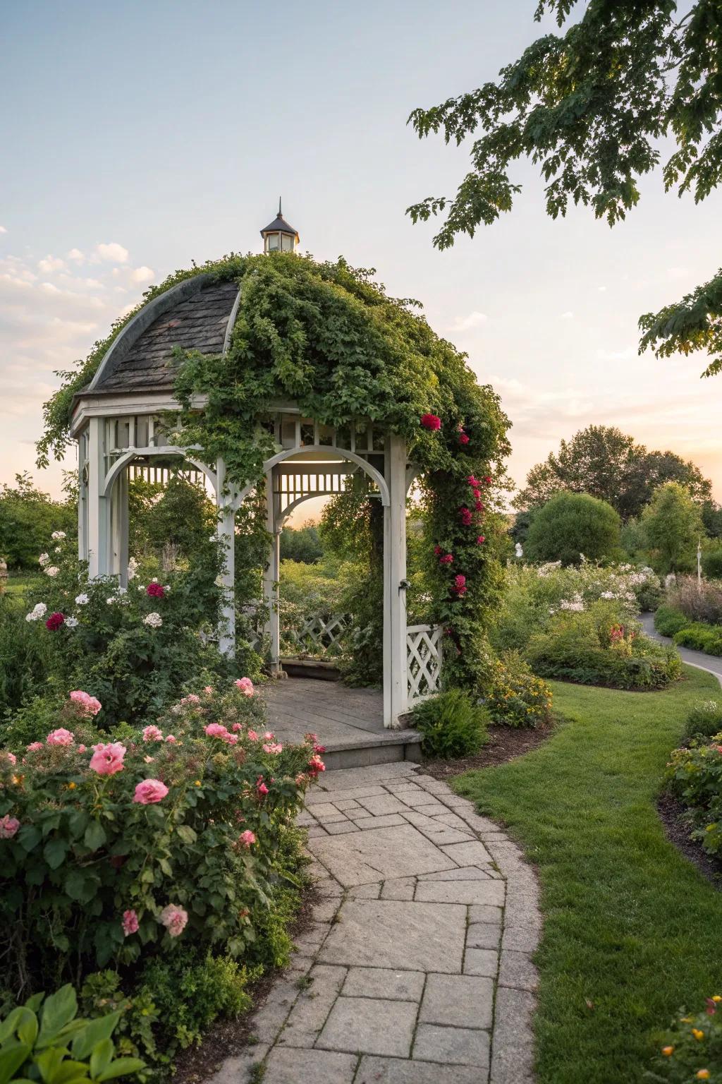 A garden gazebo with an arched entryway creating a welcoming garden feature.