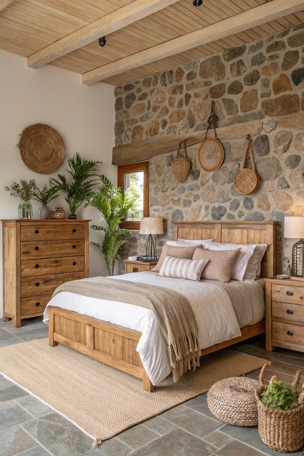 This bedroom is infused with warmth and authenticity thanks to its natural materials.
