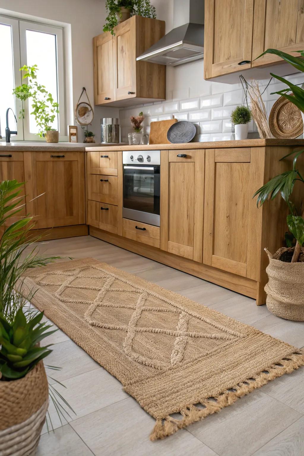 Textural rugs offer warmth and comfort, enhancing the organic vibe.