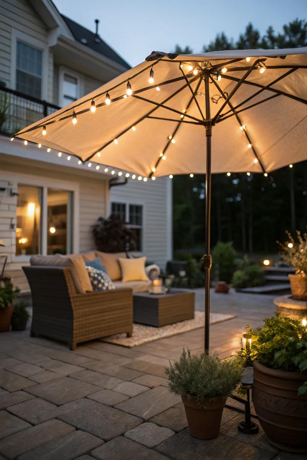 Enjoy all-day functionality using lighted patio umbrellas.