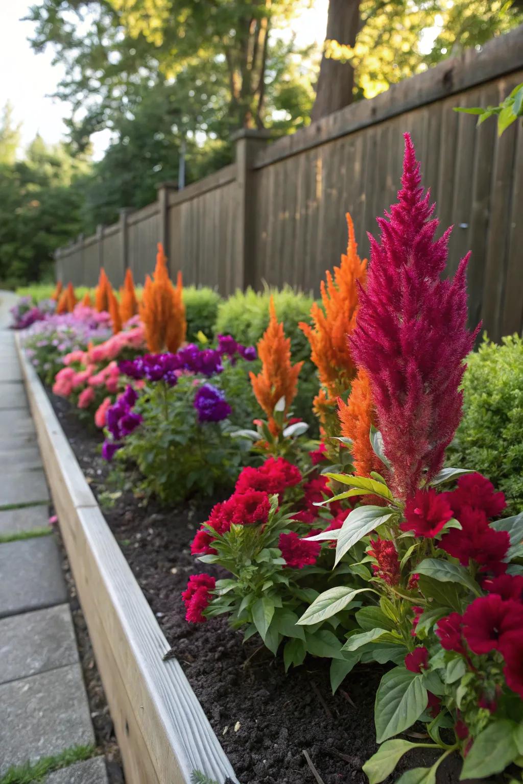 Firecracker flower's showy spikes infuse distinct contrast into vibrant petunias.