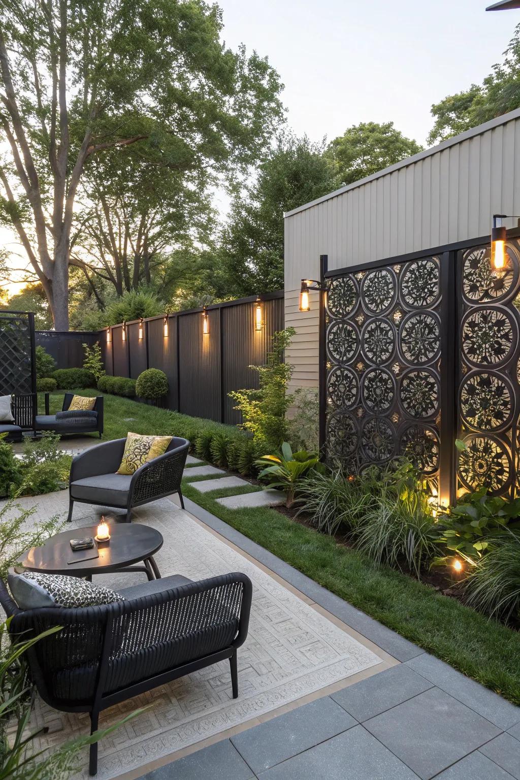 Decorative metal panels provide privacy with an artistic flair.