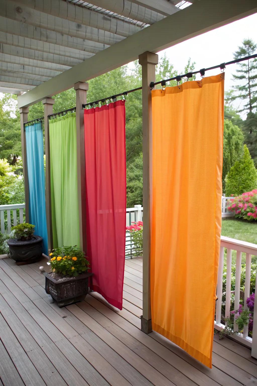 Vibrant fabric screens offer quick and seasonal solitude on a deck.