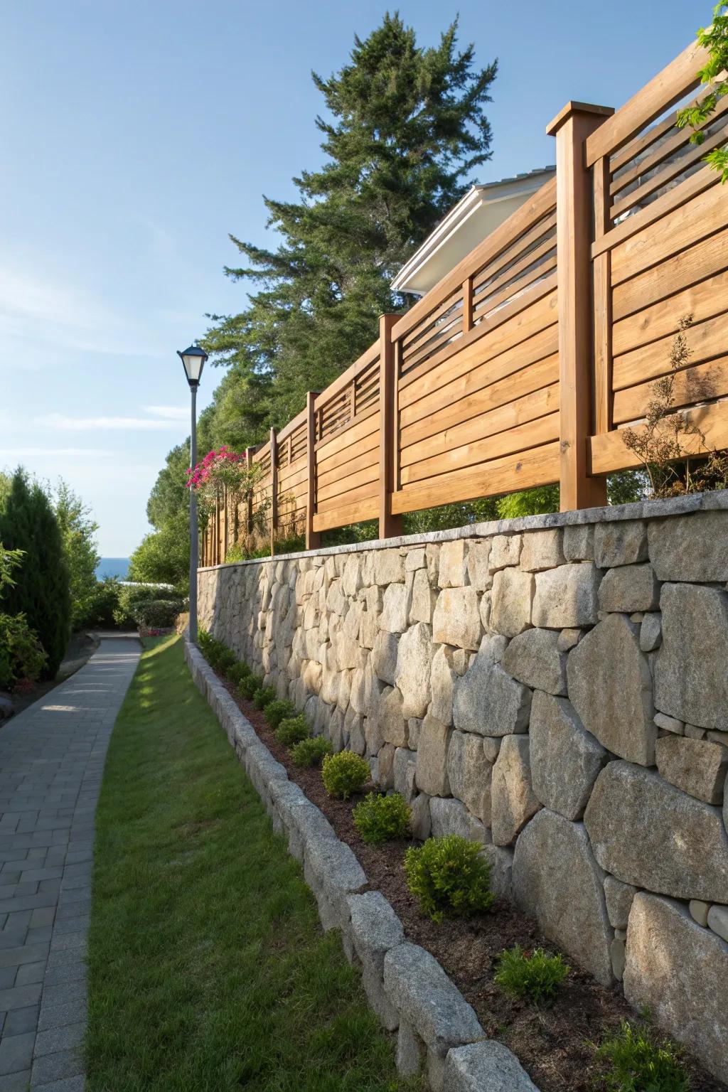 A fence on top of a stone wall offers privacy and elegance.