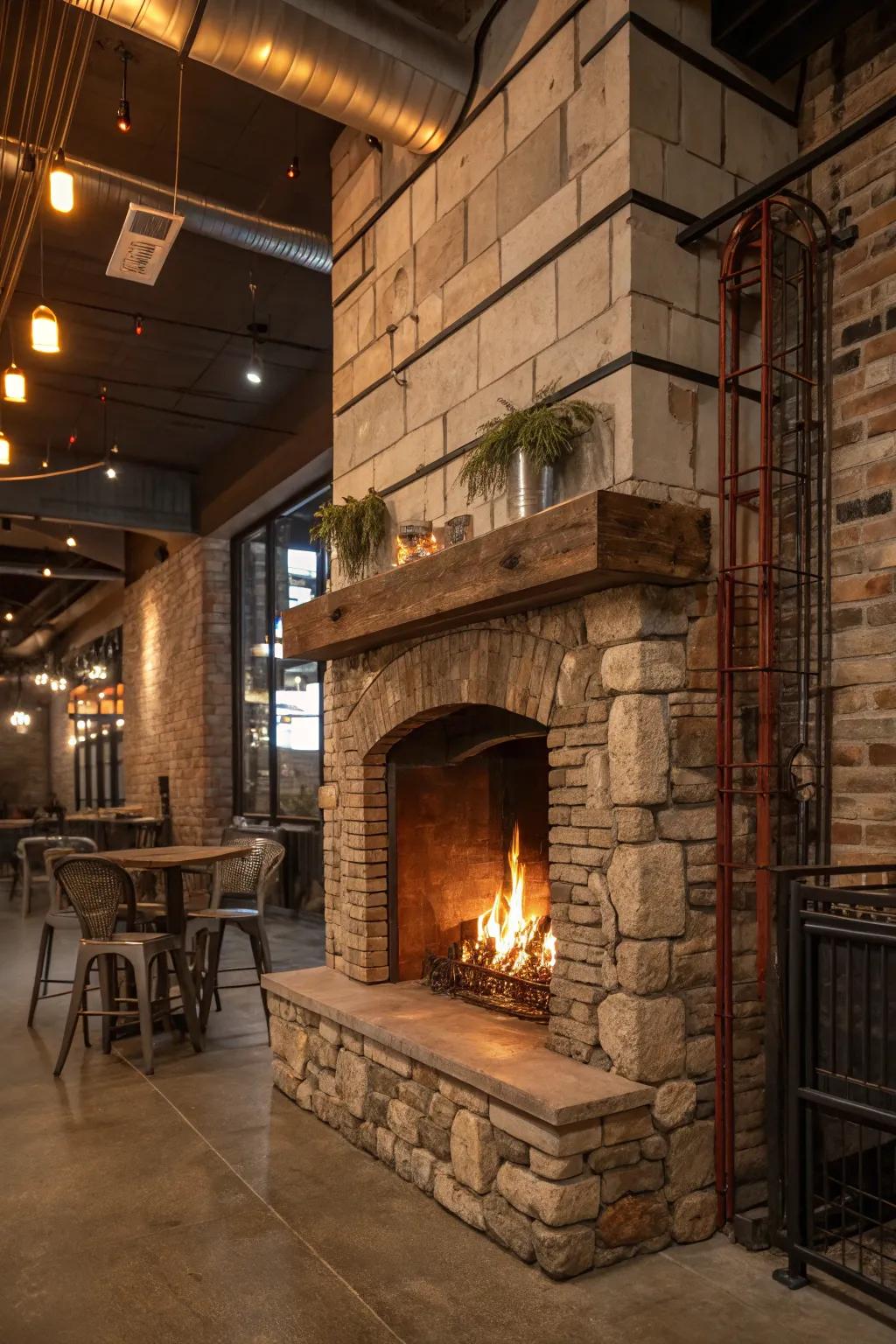 A rustic-industrial fusion creates a trendy look for this fireplace.
