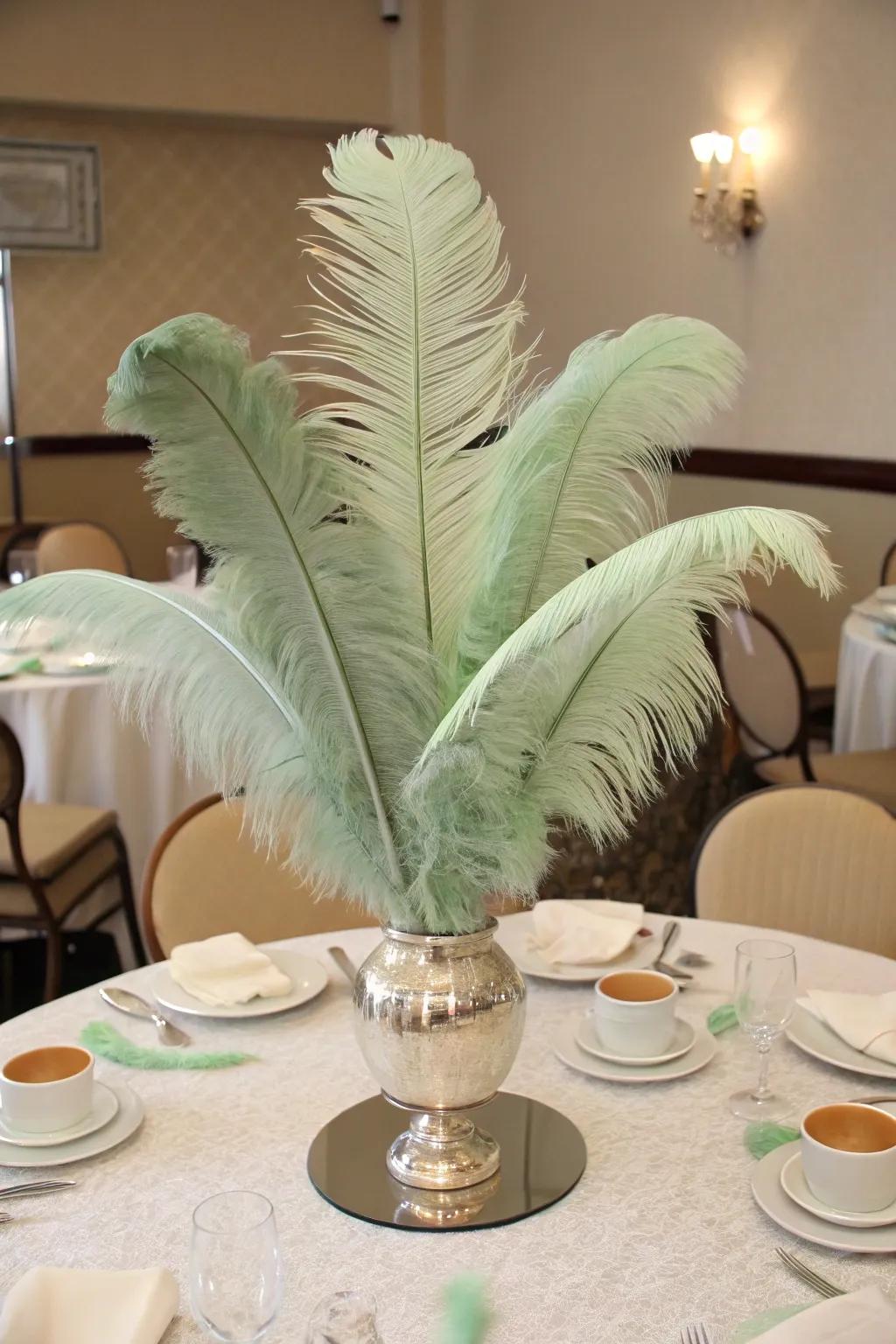 Feathers in sage green infuse a whimsical and intriguing essence.