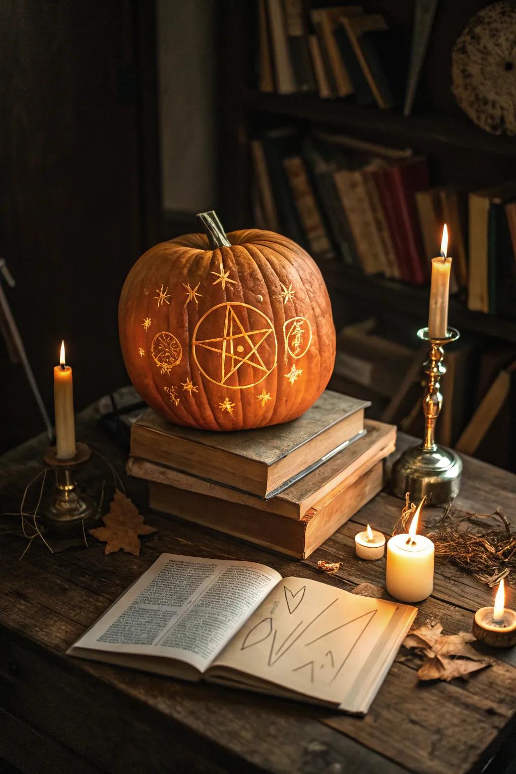 Mystical symbols carved into a pumpkin, infusing a hint of magic.