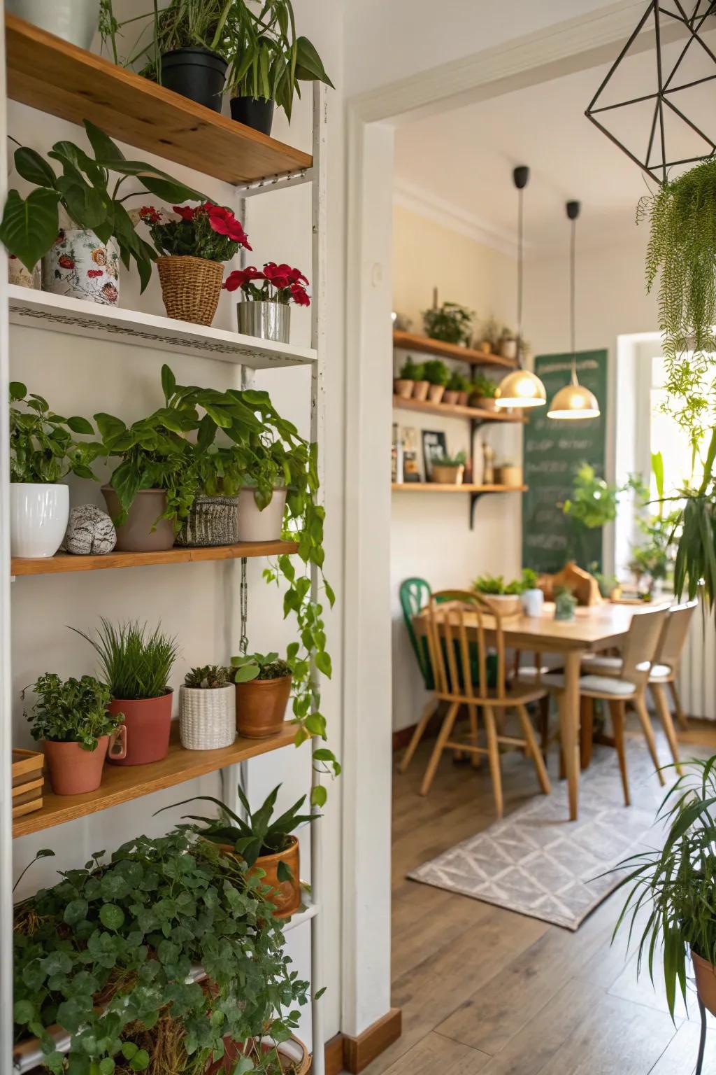 Greenery on shelves adds a refreshing touch to the dining room.