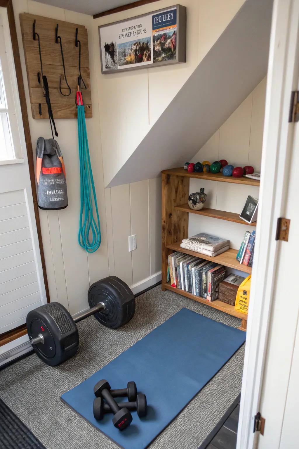 A mini gym with compact fitness equipment provides a convenient way to stay active.