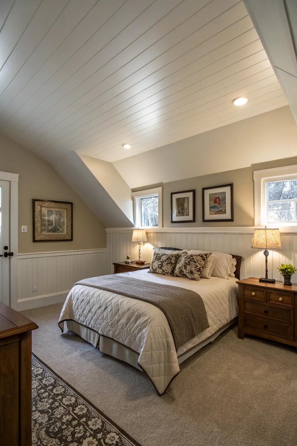 A lighter ceiling contributes a sense of altitude within a compact primary bedroom.