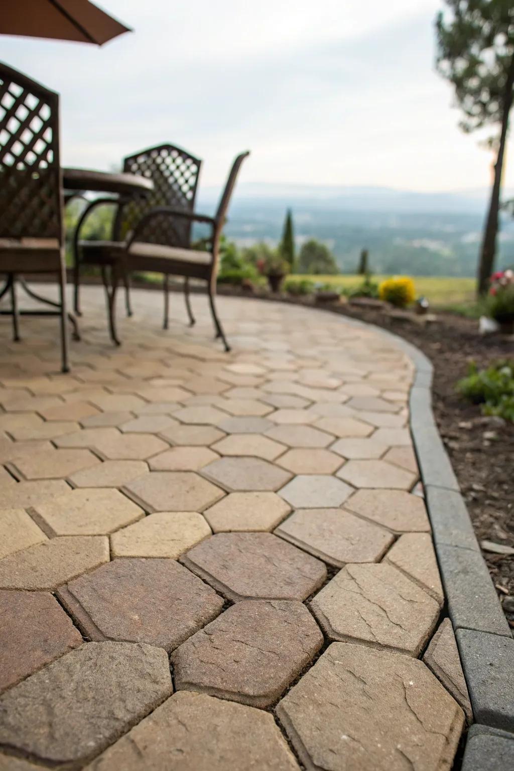 An artistic patio featuring uniquely contoured pavers.