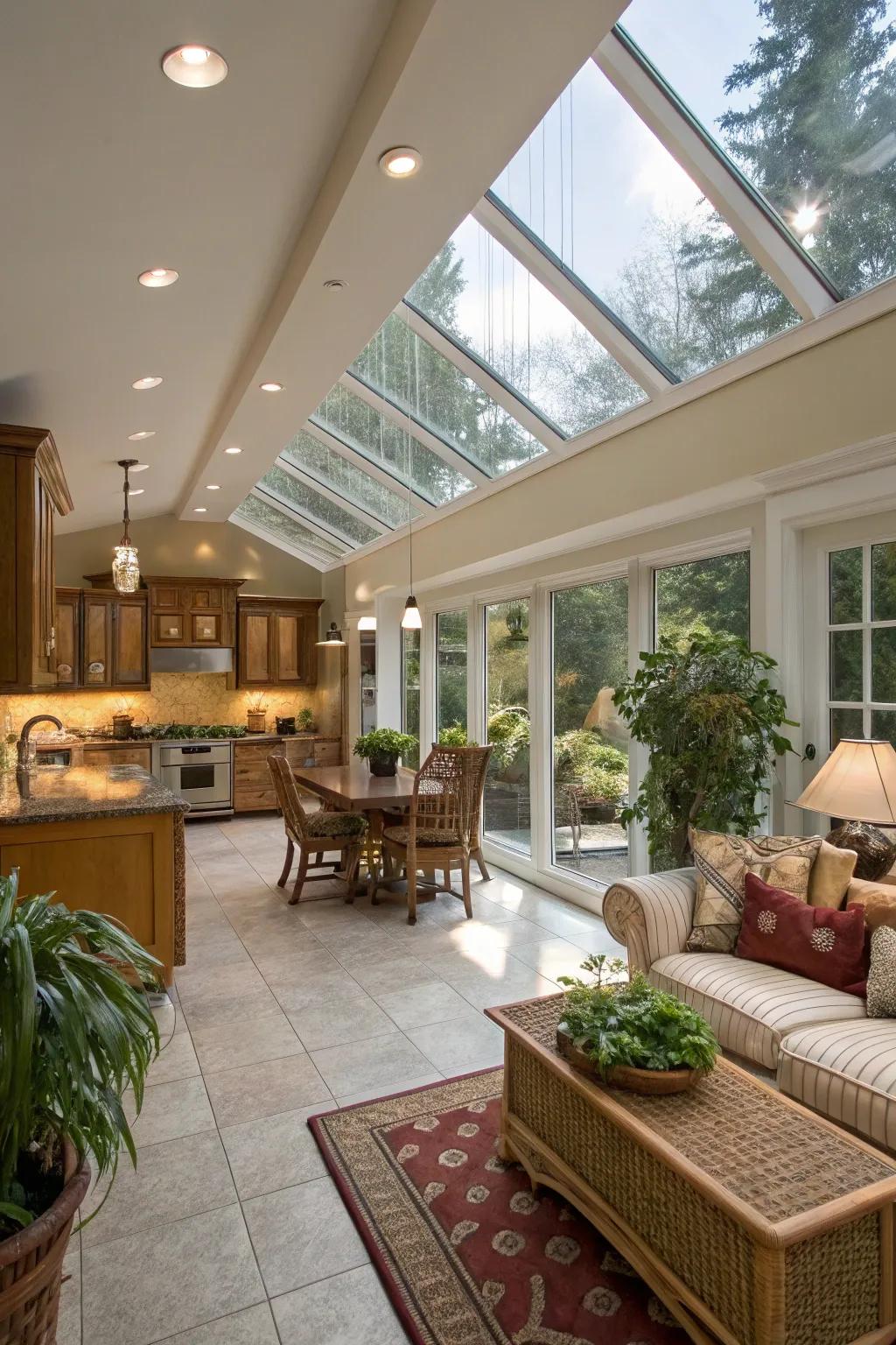 Skylights enhance the sunroom’s natural light.