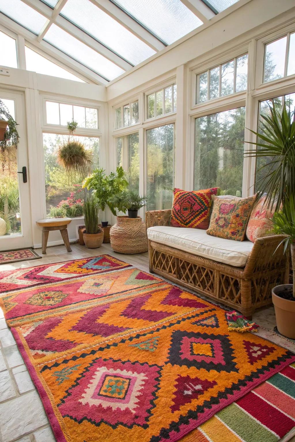 Lively floor coverings bring vibrancy to this sunroom.