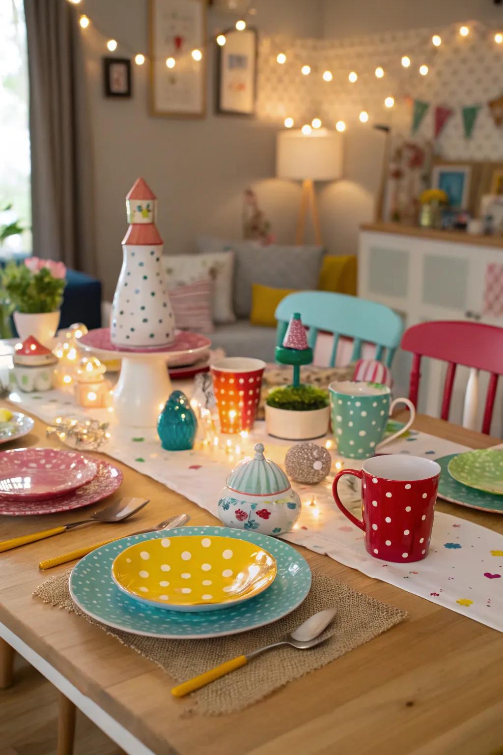 A whimsical table arrangement featuring mismatched china and quirky components.