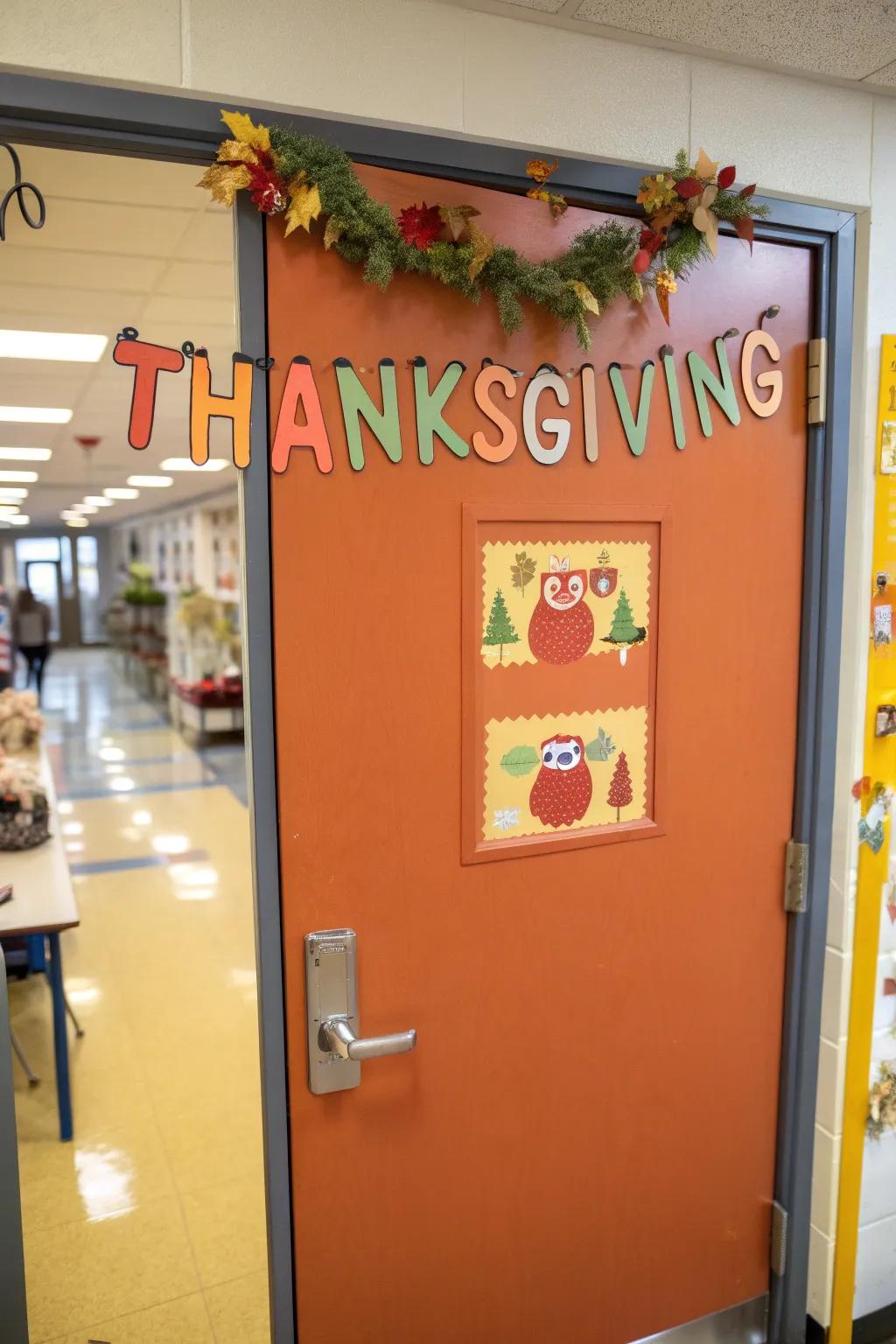 A charming Gobble Gobble Garland door display with miniature turkeys.