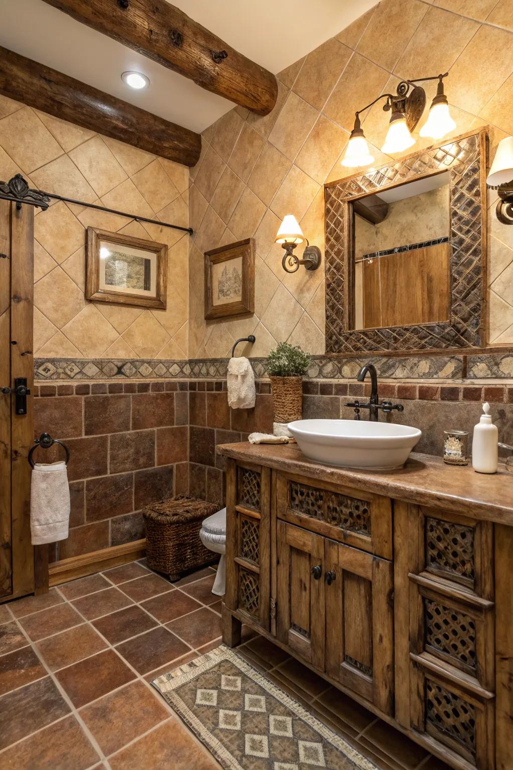 Distressed squares bring character and an antique feel to the bathroom.