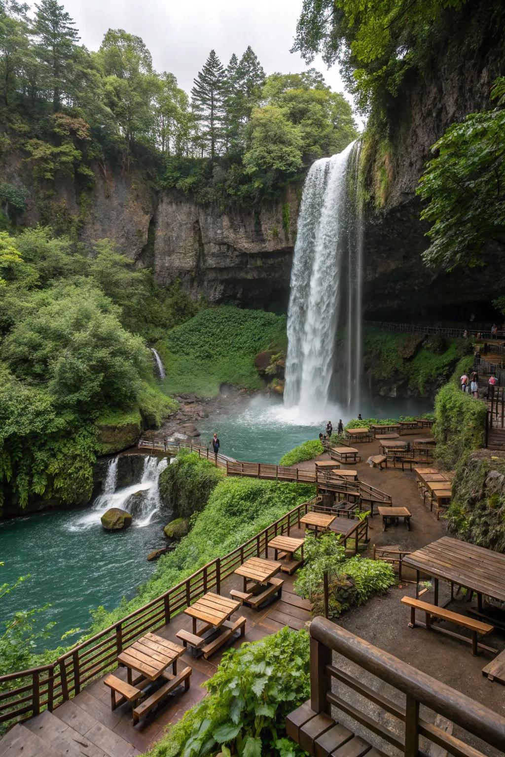 Integrated seating with a waterfall offers a perfect spot for relaxation.