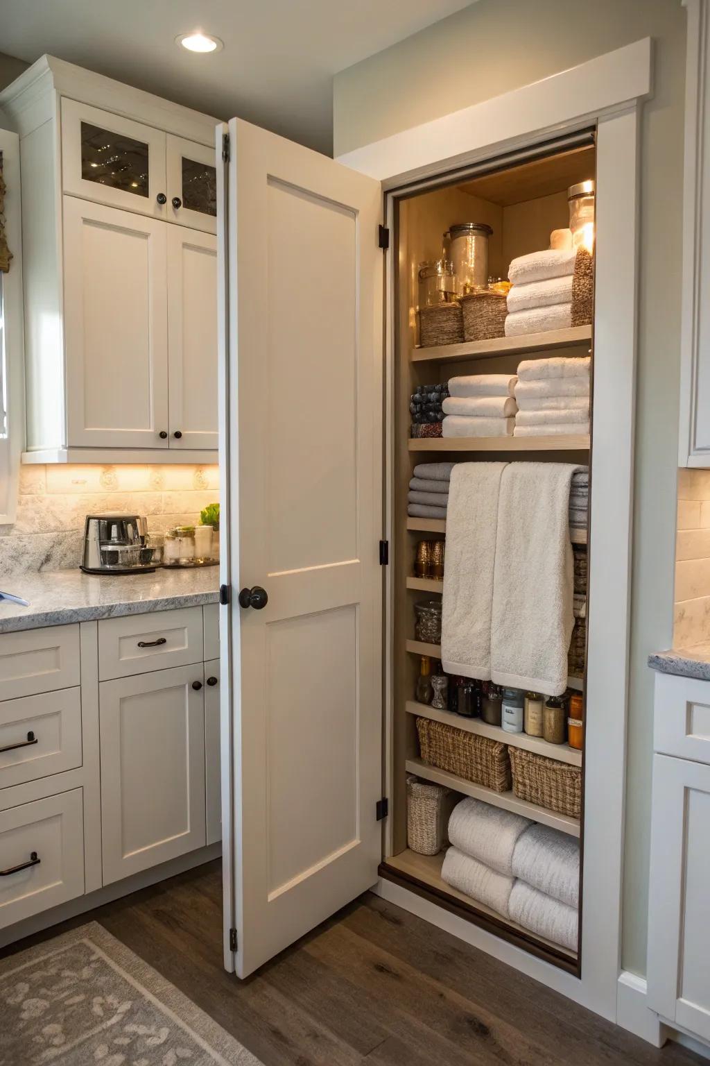 Store towels inside the storage area door for a hidden and arranged fix.