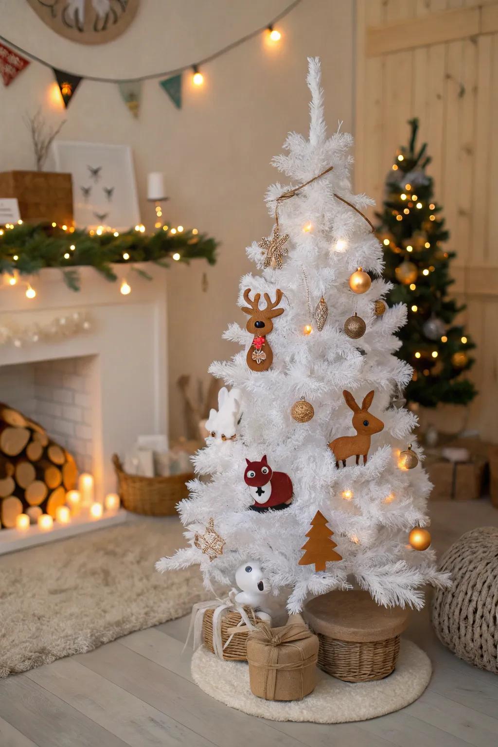 Charming woodland creatures on a white Christmas tree.