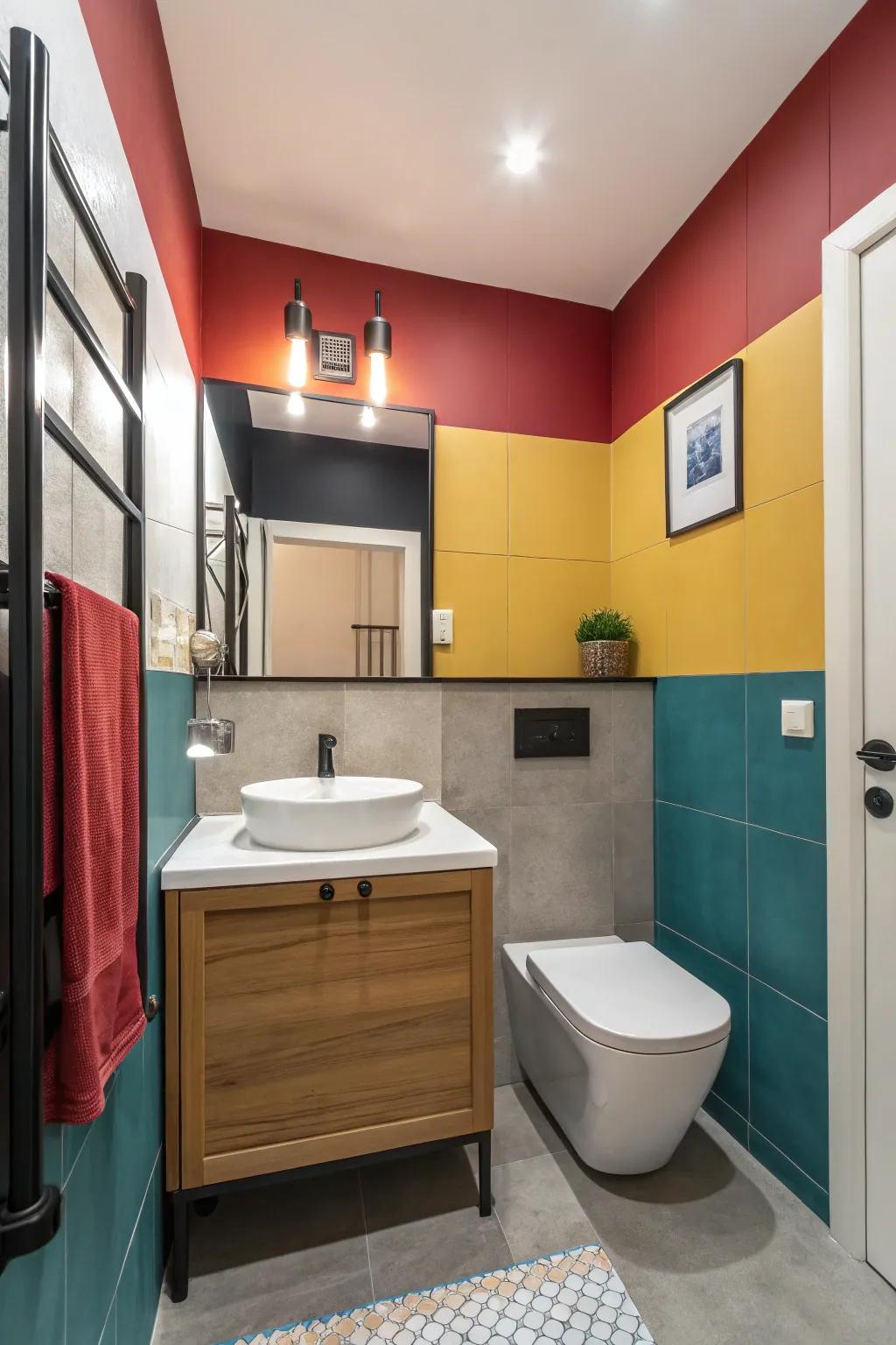 Color block creativity adding visual interest and defining zones in the bathroom.