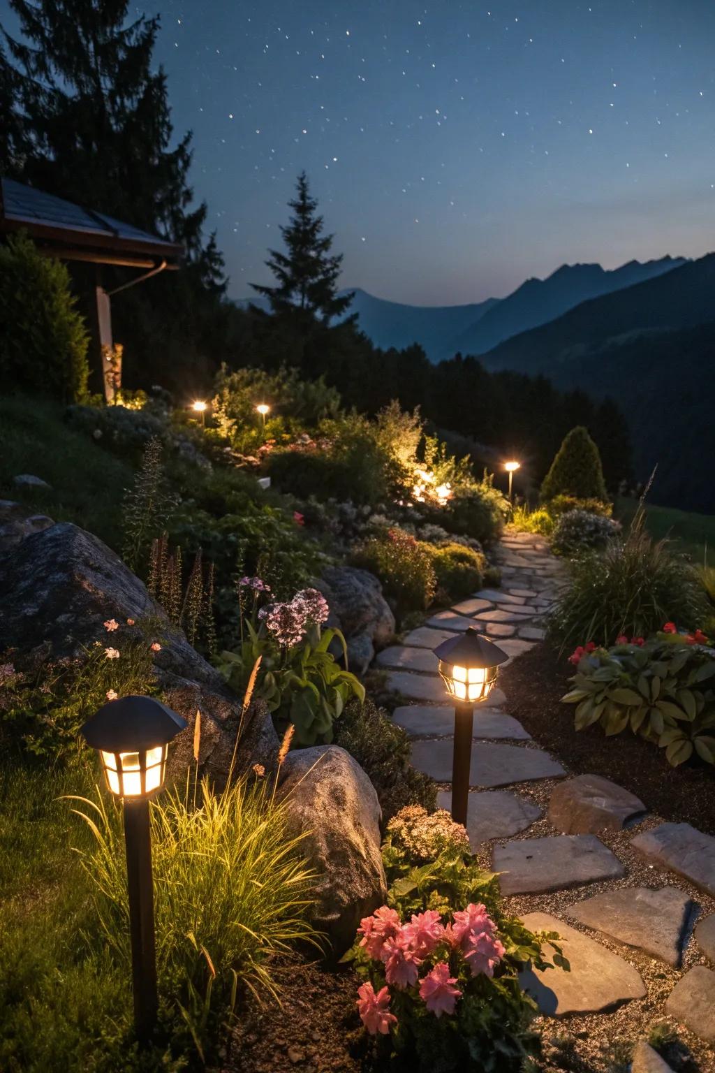 An enchanted alpine garden glows with soft lighting.